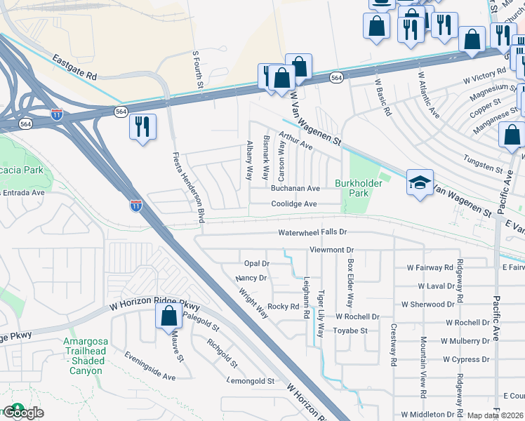 map of restaurants, bars, coffee shops, grocery stores, and more near 452 Waterwheel Falls Drive in Henderson