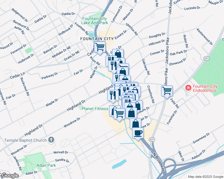 map of restaurants, bars, coffee shops, grocery stores, and more near 2717 Woodrow Drive in Knoxville
