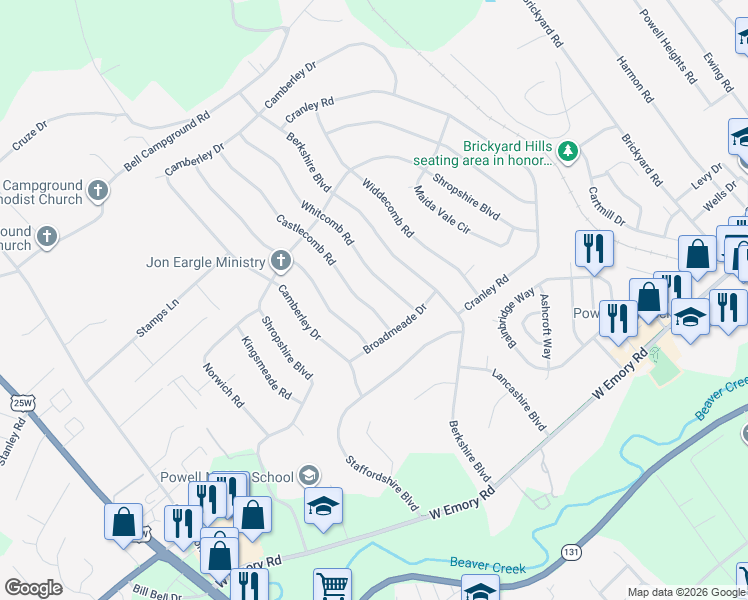 map of restaurants, bars, coffee shops, grocery stores, and more near 7708 Castlecomb Road in Powell