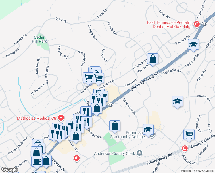 map of restaurants, bars, coffee shops, grocery stores, and more near 80 East Tennessee Avenue in Oak Ridge