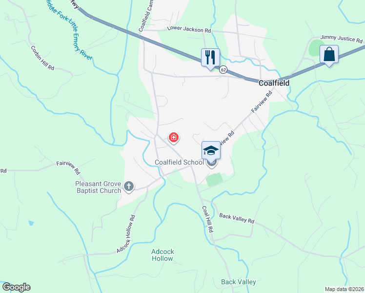 map of restaurants, bars, coffee shops, grocery stores, and more near 62 East Of Highway in Oliver Springs