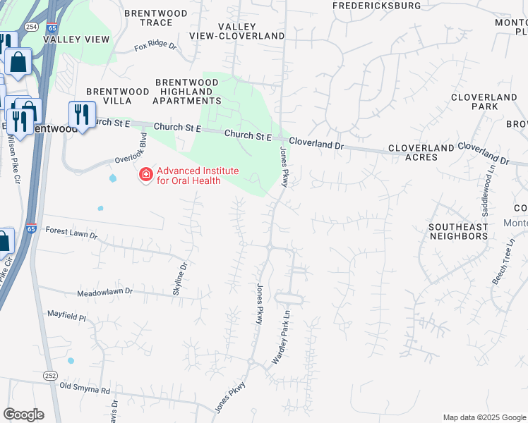 map of restaurants, bars, coffee shops, grocery stores, and more near 212 Ennismore Lane in Brentwood