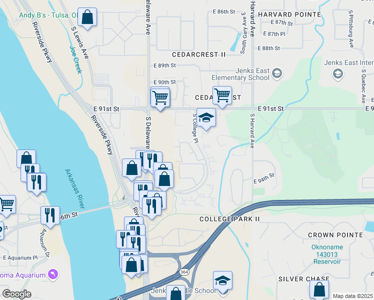 map of restaurants, bars, coffee shops, grocery stores, and more near 9320 South College Avenue in Tulsa