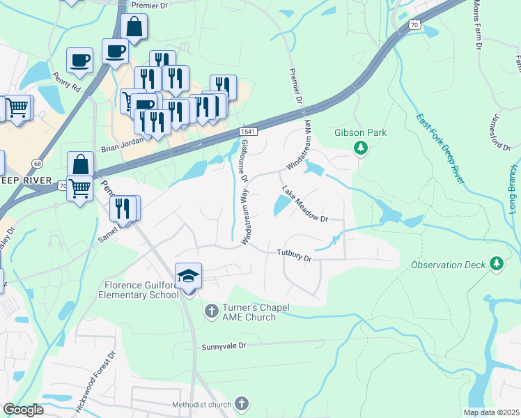 map of restaurants, bars, coffee shops, grocery stores, and more near 4007 Shire Court in Jamestown