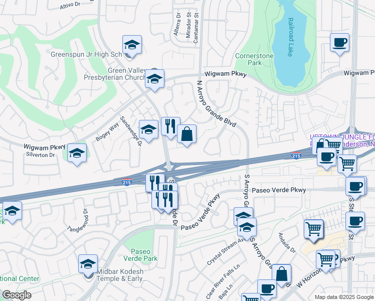 map of restaurants, bars, coffee shops, grocery stores, and more near 30 North Valle Verde Drive in Henderson