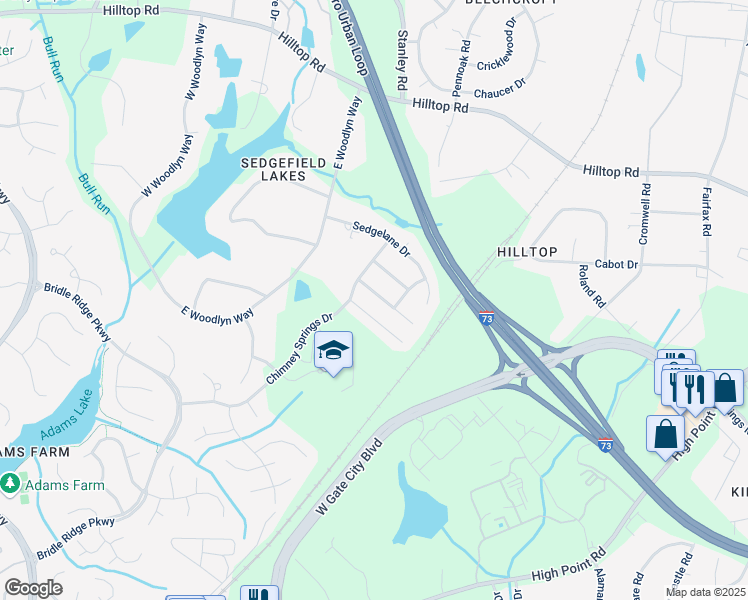 map of restaurants, bars, coffee shops, grocery stores, and more near 15 Hartsfield Court in Greensboro