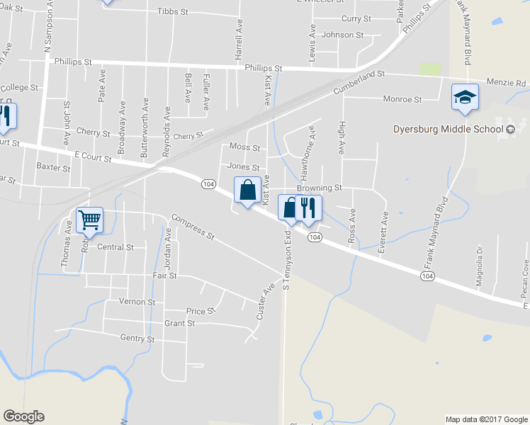 map of restaurants, bars, coffee shops, grocery stores, and more near 113 Kist Avenue in Dyersburg