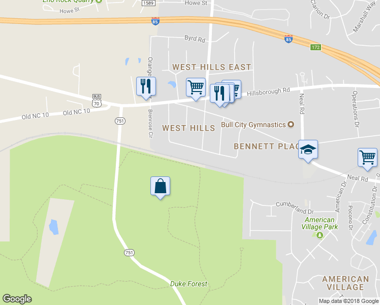 map of restaurants, bars, coffee shops, grocery stores, and more near 4709 Stafford Drive in Durham