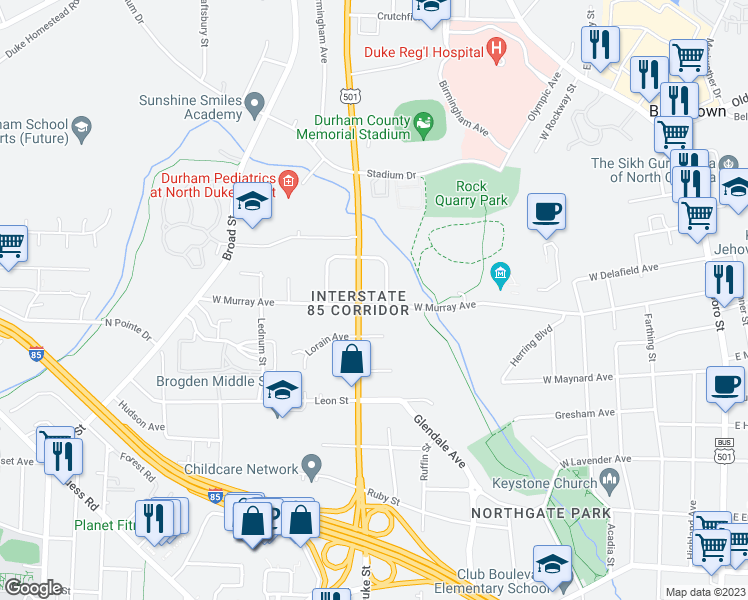 map of restaurants, bars, coffee shops, grocery stores, and more near 810 West Murray Avenue in Durham