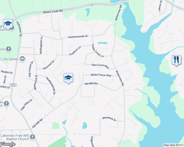 map of restaurants, bars, coffee shops, grocery stores, and more near 2504 White Fence Way in High Point