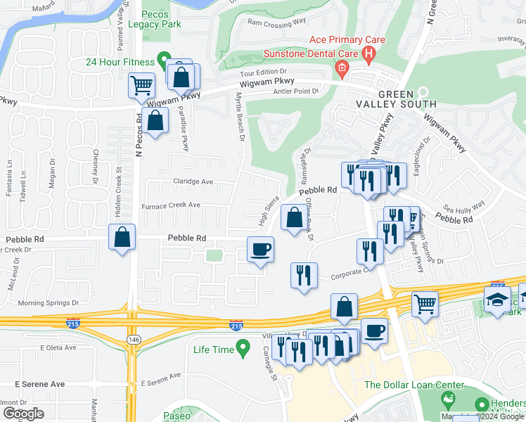 map of restaurants, bars, coffee shops, grocery stores, and more near 2404 Harlequin Circle in Henderson