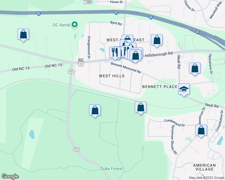 map of restaurants, bars, coffee shops, grocery stores, and more near 4709 Stafford Drive in Durham