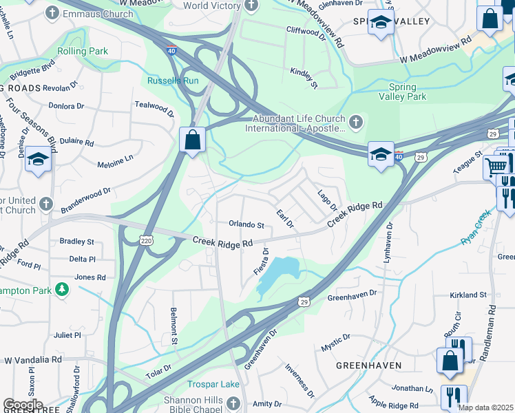map of restaurants, bars, coffee shops, grocery stores, and more near 1604 Orlando Street in Greensboro