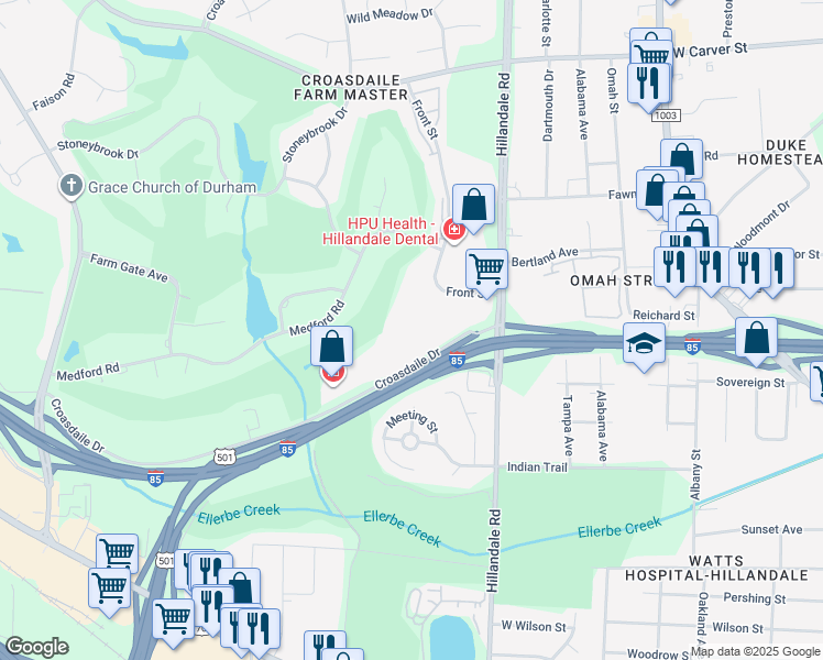 map of restaurants, bars, coffee shops, grocery stores, and more near 2800 Croasdaile Drive in Durham