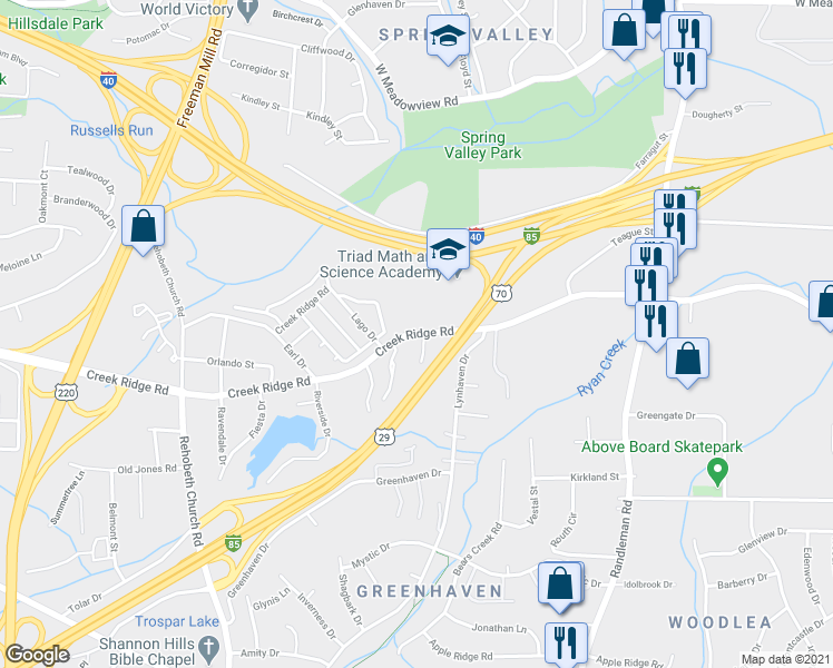 map of restaurants, bars, coffee shops, grocery stores, and more near 709 Creek Ridge Road in Greensboro