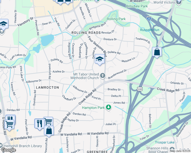 map of restaurants, bars, coffee shops, grocery stores, and more near 2709 Denise Drive in Greensboro