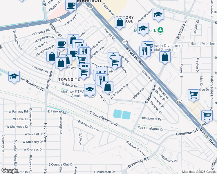 map of restaurants, bars, coffee shops, grocery stores, and more near 333 South Water Street in Henderson