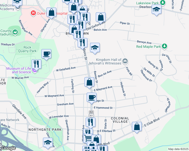 map of restaurants, bars, coffee shops, grocery stores, and more near 308 Bon Air Avenue in Durham