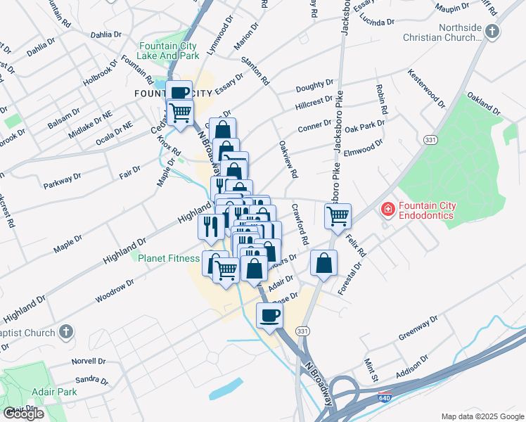 map of restaurants, bars, coffee shops, grocery stores, and more near 2836 Woodrow Drive in Knoxville