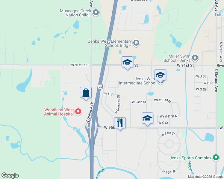 map of restaurants, bars, coffee shops, grocery stores, and more near 3006 West F Street in Jenks