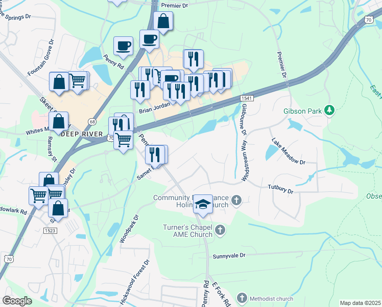 map of restaurants, bars, coffee shops, grocery stores, and more near 3717 Queenswood Lane in Jamestown
