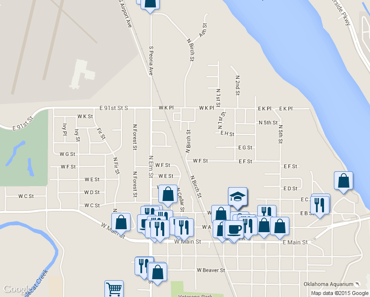 map of restaurants, bars, coffee shops, grocery stores, and more near 724 N Birch Pl in Jenks