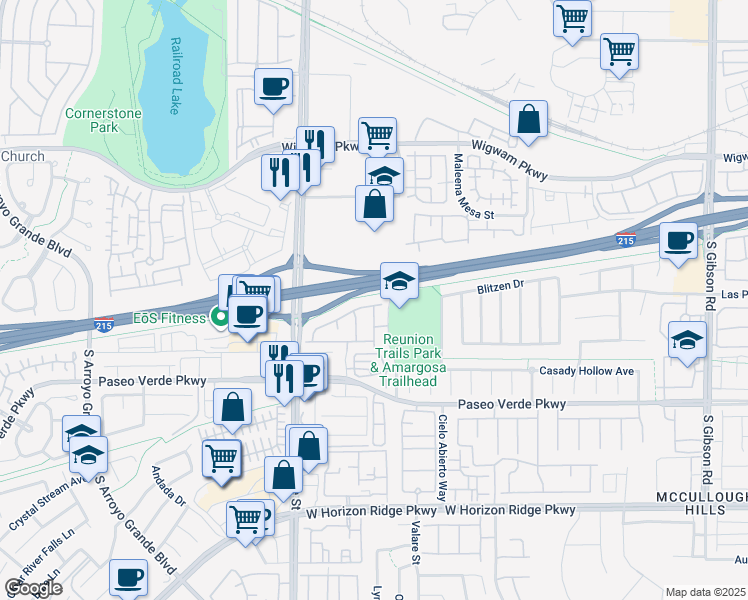 map of restaurants, bars, coffee shops, grocery stores, and more near 1310 Crystal Hill Lane in Henderson
