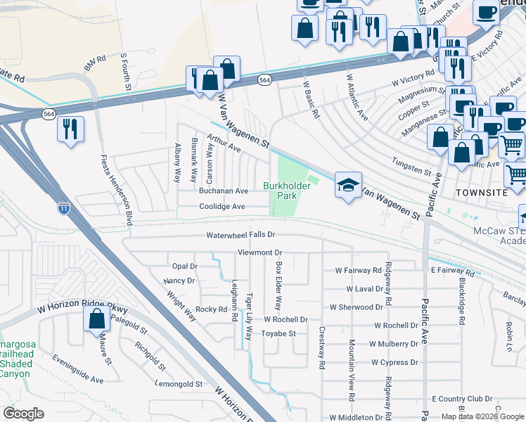 map of restaurants, bars, coffee shops, grocery stores, and more near 533 Coolidge Avenue in Henderson