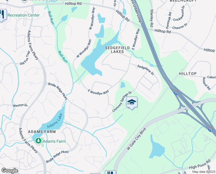 map of restaurants, bars, coffee shops, grocery stores, and more near 2614 East Woodlyn Way in Greensboro
