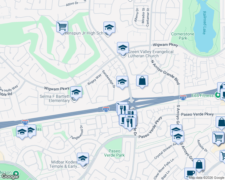map of restaurants, bars, coffee shops, grocery stores, and more near 17 Sandwedge Drive in Henderson