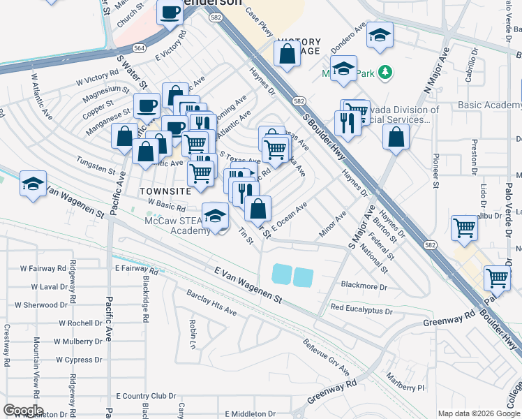 map of restaurants, bars, coffee shops, grocery stores, and more near 333 South Water Street in Henderson
