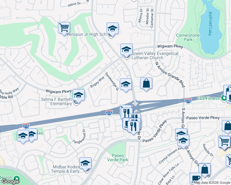 map of restaurants, bars, coffee shops, grocery stores, and more near 17 Sandwedge Drive in Henderson