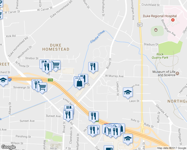 map of restaurants, bars, coffee shops, grocery stores, and more near 1510 North Pointe Drive in Durham