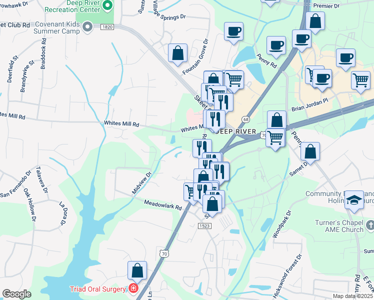 map of restaurants, bars, coffee shops, grocery stores, and more near 3505 Ramsay Street in High Point
