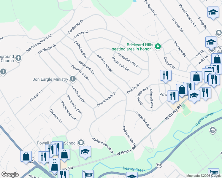 map of restaurants, bars, coffee shops, grocery stores, and more near 2812 Broadmeade Drive in Powell