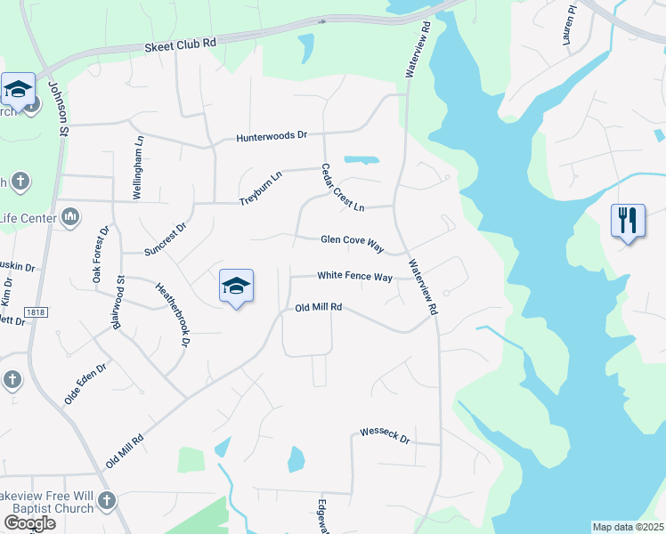 map of restaurants, bars, coffee shops, grocery stores, and more near 2515 White Fence Way in High Point