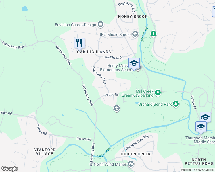map of restaurants, bars, coffee shops, grocery stores, and more near 5685 Deer Valley Trail in Nashville