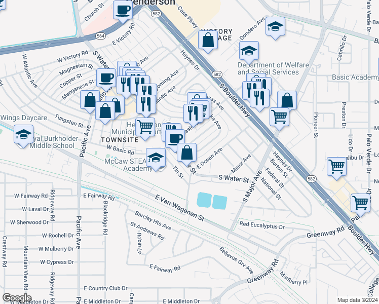 map of restaurants, bars, coffee shops, grocery stores, and more near 136 Laguna Commons Lane in Henderson