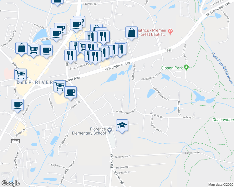 map of restaurants, bars, coffee shops, grocery stores, and more near 3793 Vanhoe Lane in Jamestown