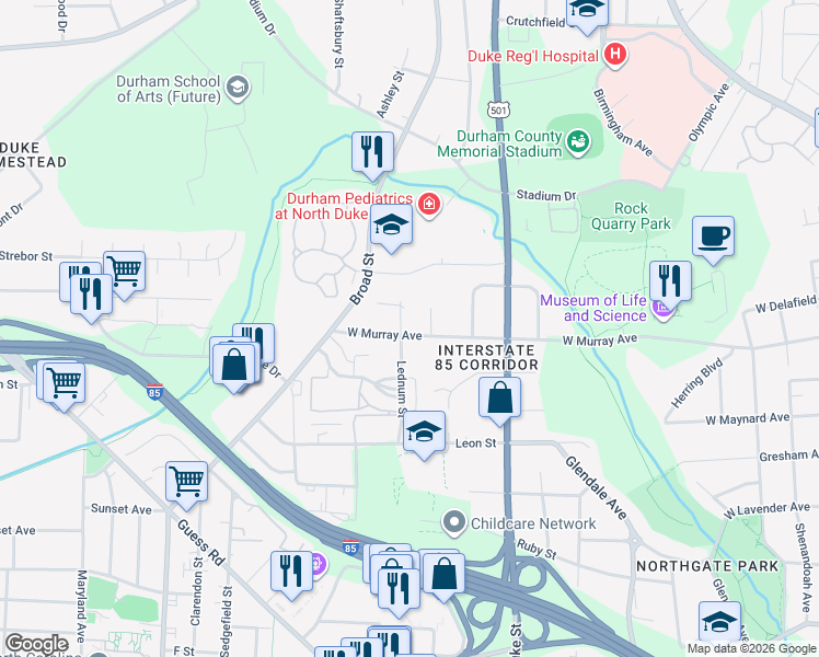 map of restaurants, bars, coffee shops, grocery stores, and more near 1112 West Murray Avenue in Durham