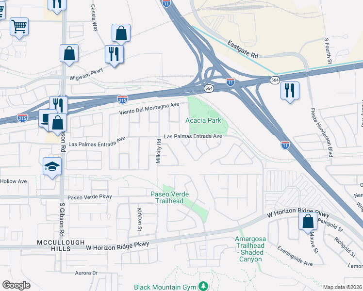 map of restaurants, bars, coffee shops, grocery stores, and more near 121 Montesol Drive in Henderson