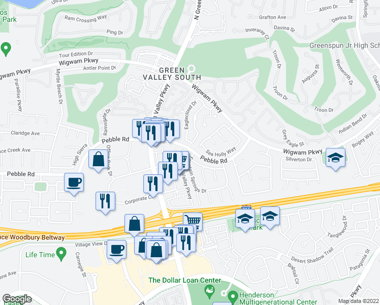 map of restaurants, bars, coffee shops, grocery stores, and more near 2162 Fountain Springs Drive in Henderson