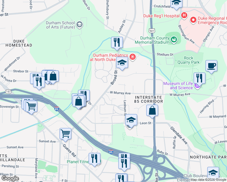 map of restaurants, bars, coffee shops, grocery stores, and more near 2112 Broad Street in Durham