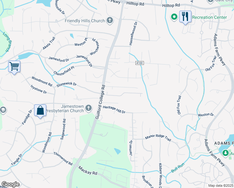 map of restaurants, bars, coffee shops, grocery stores, and more near 6256 Stonewick Drive in Jamestown