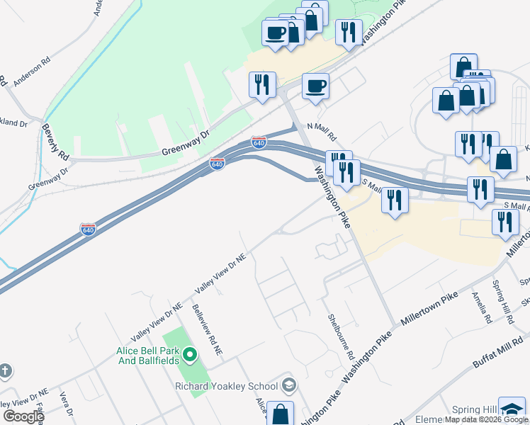 map of restaurants, bars, coffee shops, grocery stores, and more near 4315 Valley View Drive Northeast in Knoxville