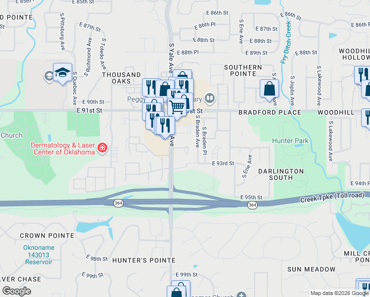 map of restaurants, bars, coffee shops, grocery stores, and more near 4926 East 92nd Street in Tulsa