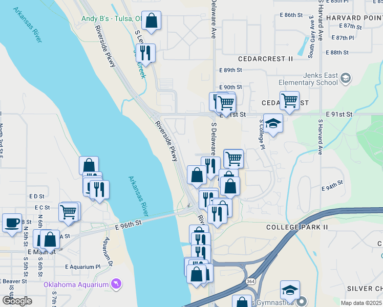 map of restaurants, bars, coffee shops, grocery stores, and more near 2718 East 93rd Street in Tulsa