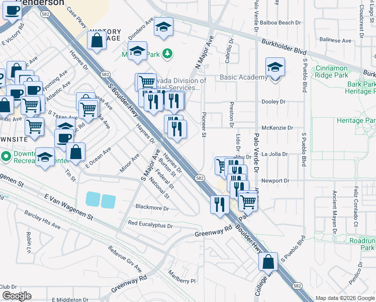 map of restaurants, bars, coffee shops, grocery stores, and more near 732 Frontage Road in Henderson