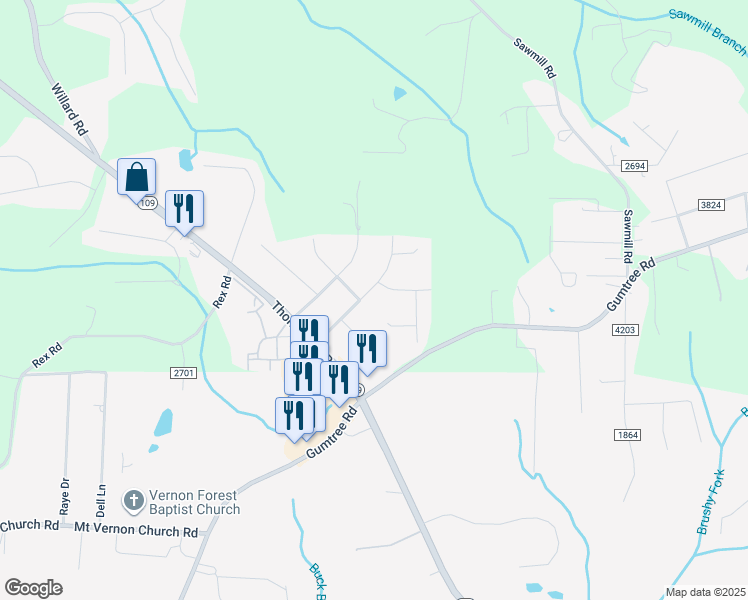map of restaurants, bars, coffee shops, grocery stores, and more near 4705 Merriweather Road in Winston-Salem