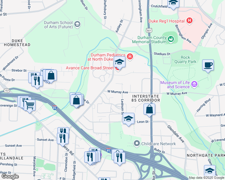 map of restaurants, bars, coffee shops, grocery stores, and more near 1214 West Murray Avenue in Durham